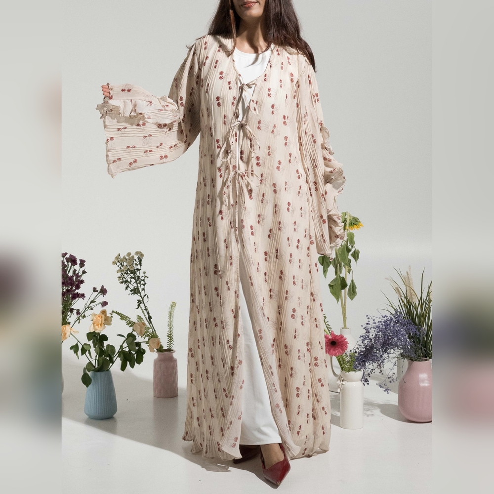 Chic Cherry Beige Floral Kimono Maxi Dress
